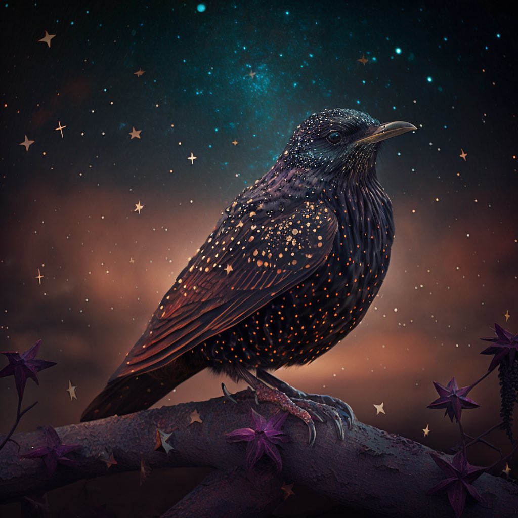 TheCCraniums's tweet image. The Celestial Craniums Creativity Challenge Prompt #46: Starry Starling #celestialcraniumscc #creativitychallenge #communitybuilding #art #aiart #europeanstarling #stars