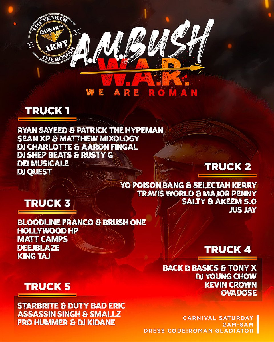 caesarsarmy's tweet photo. Troops! Itโs time! Choose your WAR trucks!
โ๏ธ๐๏ธ๐๐๐๐๐๐๐๐๏ธโ๏ธ
๐๐๐ ๐๐๐๐ ๐๐
๐๐๐ ๐๐๐๐๐
#MMXXIIIโจ#YearOfTheRoman
#CaesarsArmy
#AMBUSH
#WeAreRoman
#Carnival2023
#TrinidadAndTobago https://t.co/1smJdvT3Ak