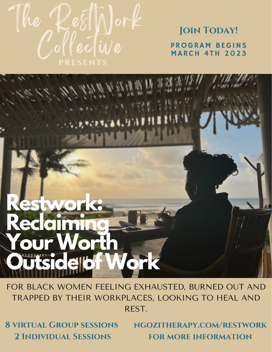 NgoziTherapy's tweet photo. y’all I am so excited to be putting forth this RestWorkshop! If you know any Black women who could benefit from a community of Black professional women looking to heal from traumatic workplaces and find healthier ways to engage with work, send them this! #BlackTwitter #restwork https://t.co/S9mvUPr4rI
