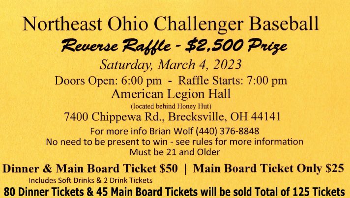 Reverse raffle to help support our Northeast Ohio Challenger  baseball league - baseball for kids with disabilities March 4th 6:00 playing in <a href="/BroadviewHtsOH/">Broadview Heights</a> <a href="/DawnKendrickTV3/">Dawn Kendrick</a> <a href="/MunchCleveland/">Mark Munch Bishop</a>  <a href="/LECrushers/">Lake Erie Crushers</a> <a href="/CleGuardians/">Cleveland Guardians</a> <a href="/AkronRubberDuck/">Akron RubberDucks</a> <a href="/LCCaptains/">Lake County Captains</a> <a href="/BroadViewEyes/">BroadViewEyeCenter</a>  <a href="/BVHREC/">Broadview Heights Parks & Recreation</a> #5013c