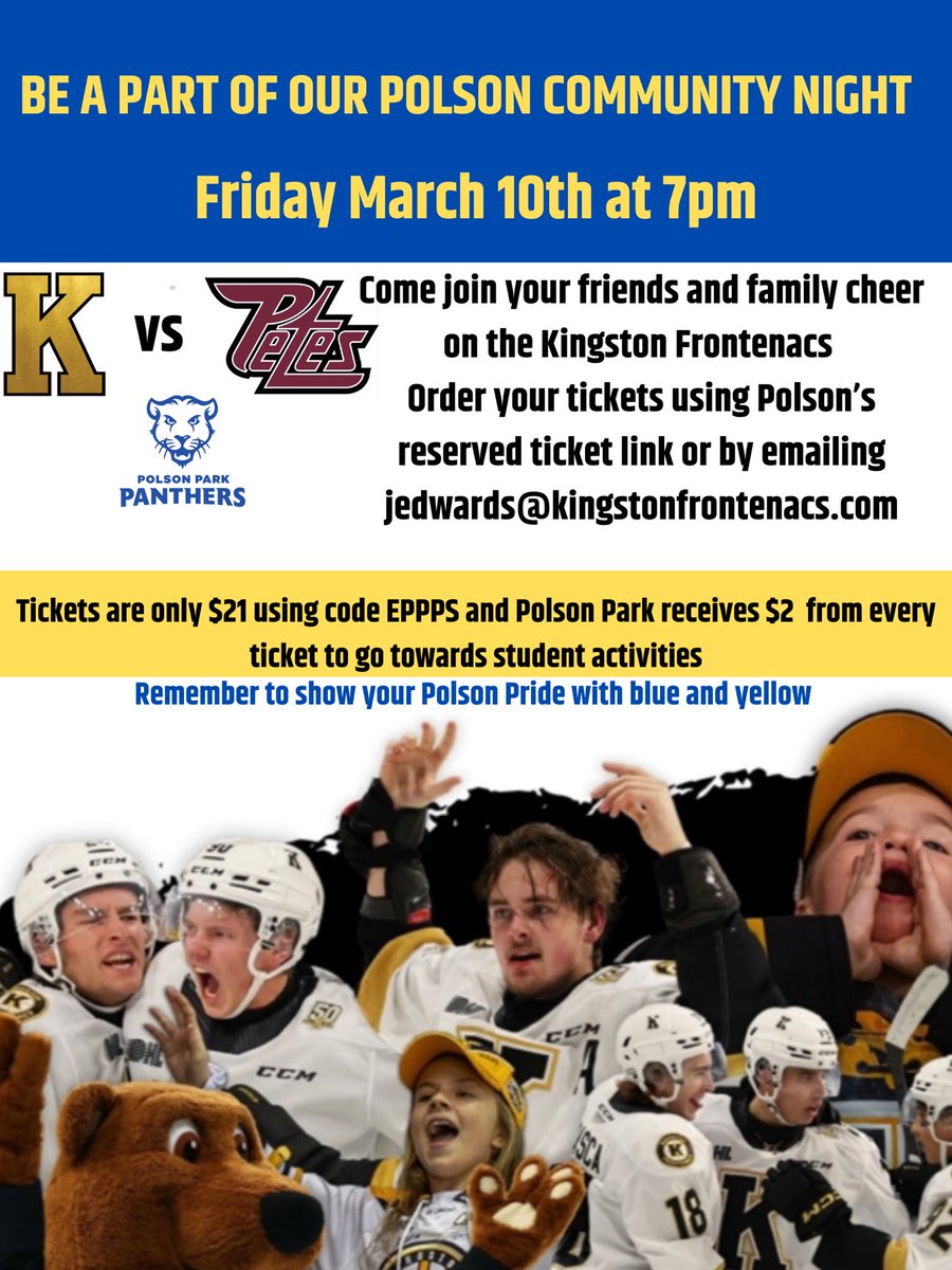 USE CODE: EPPPS for $21 tickets to sit with Polson friends and raise money for Polson Park order by email or using this ticketmaster link 

am.ticketmaster.com/asmgkingston/q…