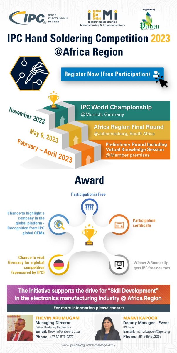 @IPCassociation announces #handsoldering competition for #africa region at #johannesburg on May 9, 2023. A free knowledge session will be organized by <a href="/ipc_india/">IPC India</a> with the support of Thevin Arumugam for the program. Initiative supports #skilldevelopment in the #electronicsindustry