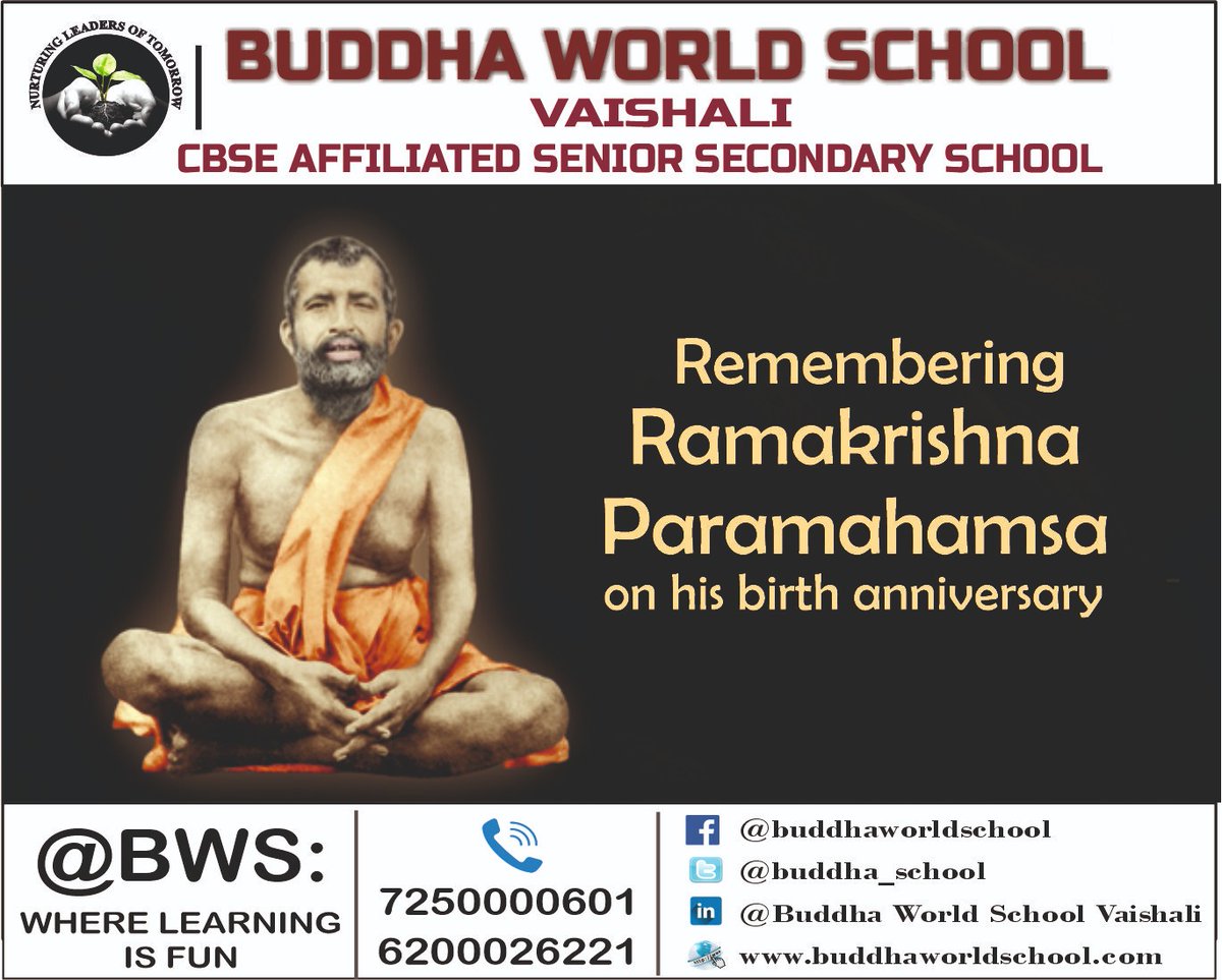 buddha_school's tweet photo. Remembering RamaKrishna Paramahamsa on his birth anniversary. #RamakrishnaParamahamsa #ramakrishna #shriramakrishna #BirthAnniversary #spititual #vedanta #bhaktiyoga #bws #wherelearningisfun @sarikamalhotra2 @Krish_Vaishali @PramodThakur786 @RekhaRay16 @sunitasinha1810 https://t.co/YwmbuMU8T5