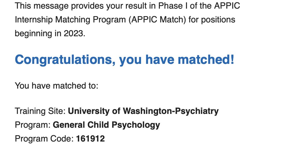 Feeling thrilled and grateful to share I'll be heading to the UW School of Medicine for my clinical psychology internship! #APPIC  #APPICmatchday