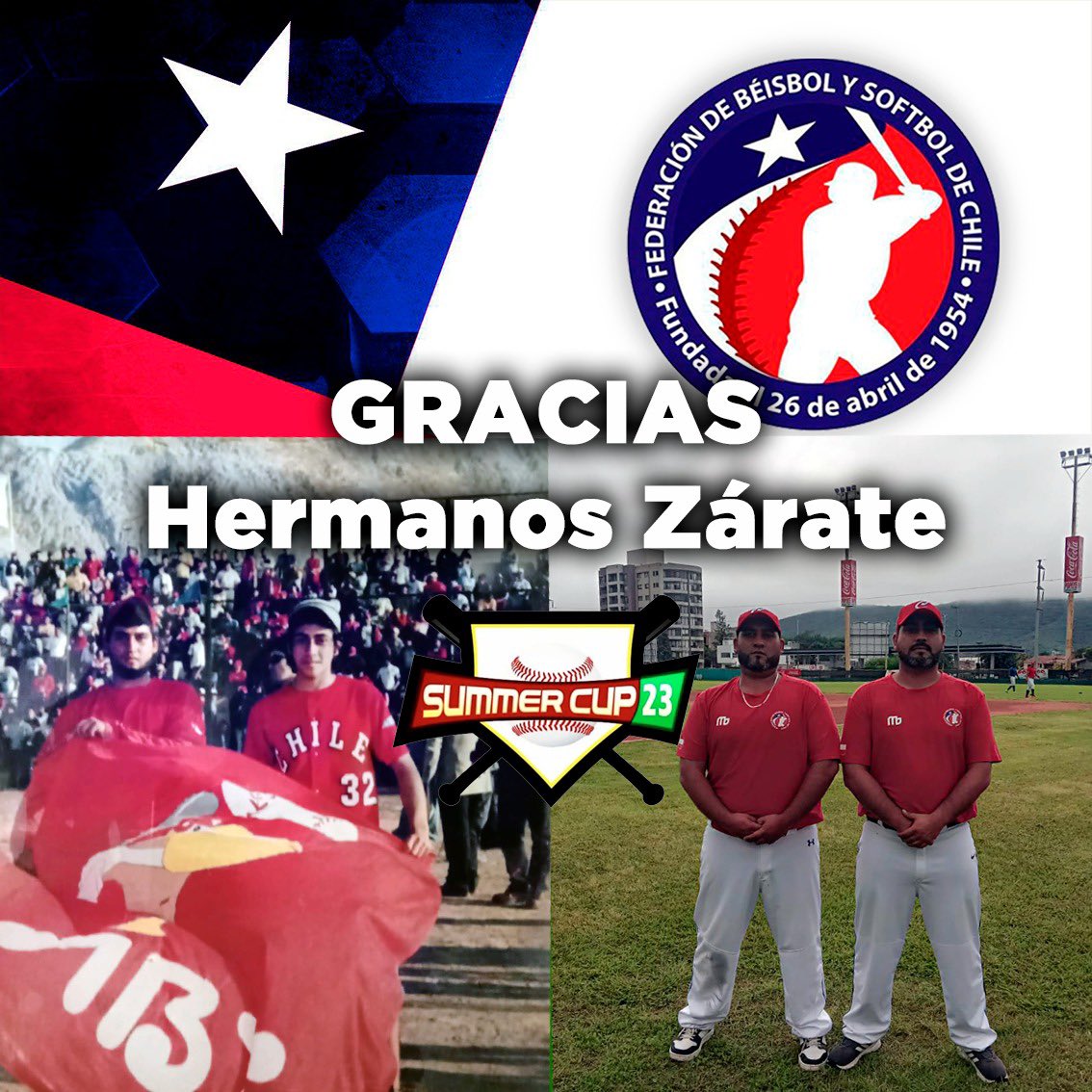 FECHIBEIS agradece a los hermanos Sebastián y José Luis Zárate Panayotopulos el apoyo a nuestro Team Chile de Béisbol esta participación en la Summer Cup de Salta 2023. El orgullo de apoyar a la Roja del Bate y la Pelota no es solo de hoy....es de toda la vida.