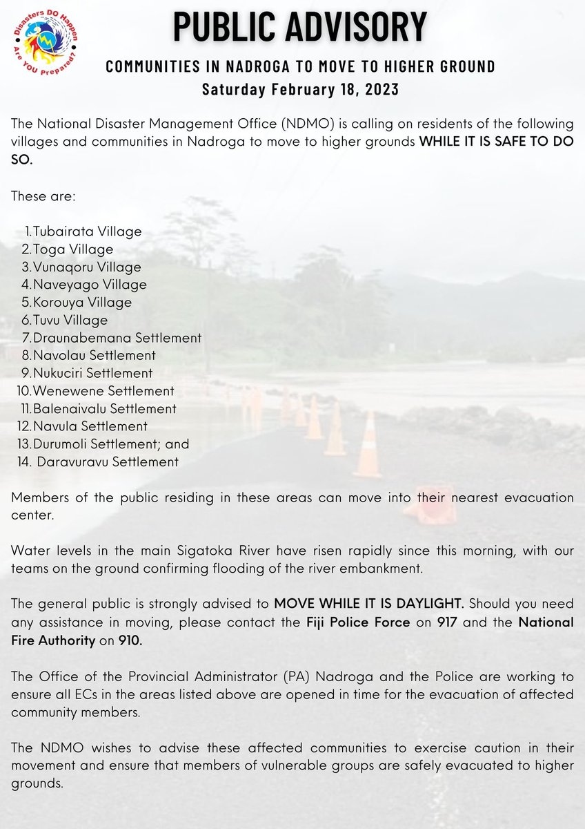 FijiNDRMO's tweet photo. 📢PUBLIC ADVISORY 📌

⚠️Communities in Nadroga advised to MOVE TO HIGHER GROUNDS⚠️

☎️Contact the Fiji Police Force on 917 or the National Fire Authority on 910 should you need assistance in moving to higher ground
👫👩‍👧‍👦Look out for members of vulnerable groups 

⭕️ READ MORE ⬇️ https://t.co/o3JOh912qu