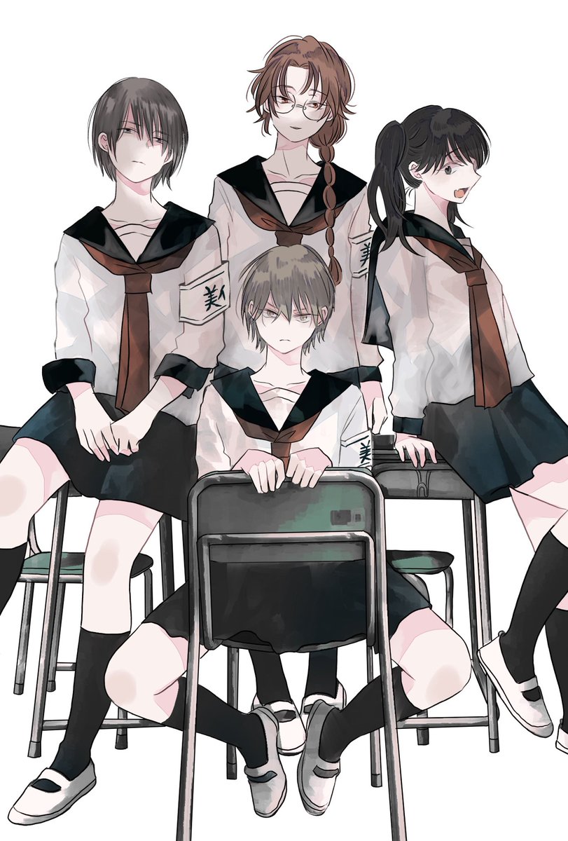 multiple girls school uniform glasses short hair skirt serafuku sitting  illustration images