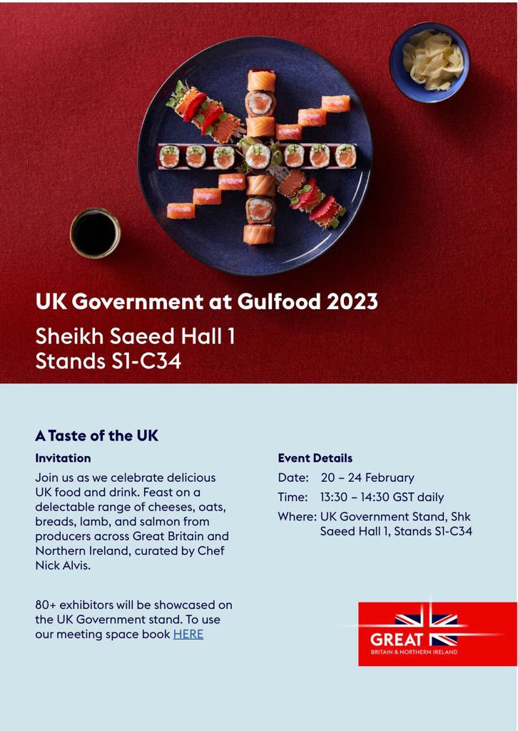 We <a href="/ukinuae/">UK in UAE 🇬🇧🇦🇪</a> and <a href="/tradegovukMEAP/">UK Department for Business and Trade MEaP</a> look forward to participating in #gulfood2023 to support nearly 200 🇬🇧 companies exhibiting in World Food, #beverages #dairy and #meat halls. Come meet us in Sheikh Saeed Hall 1