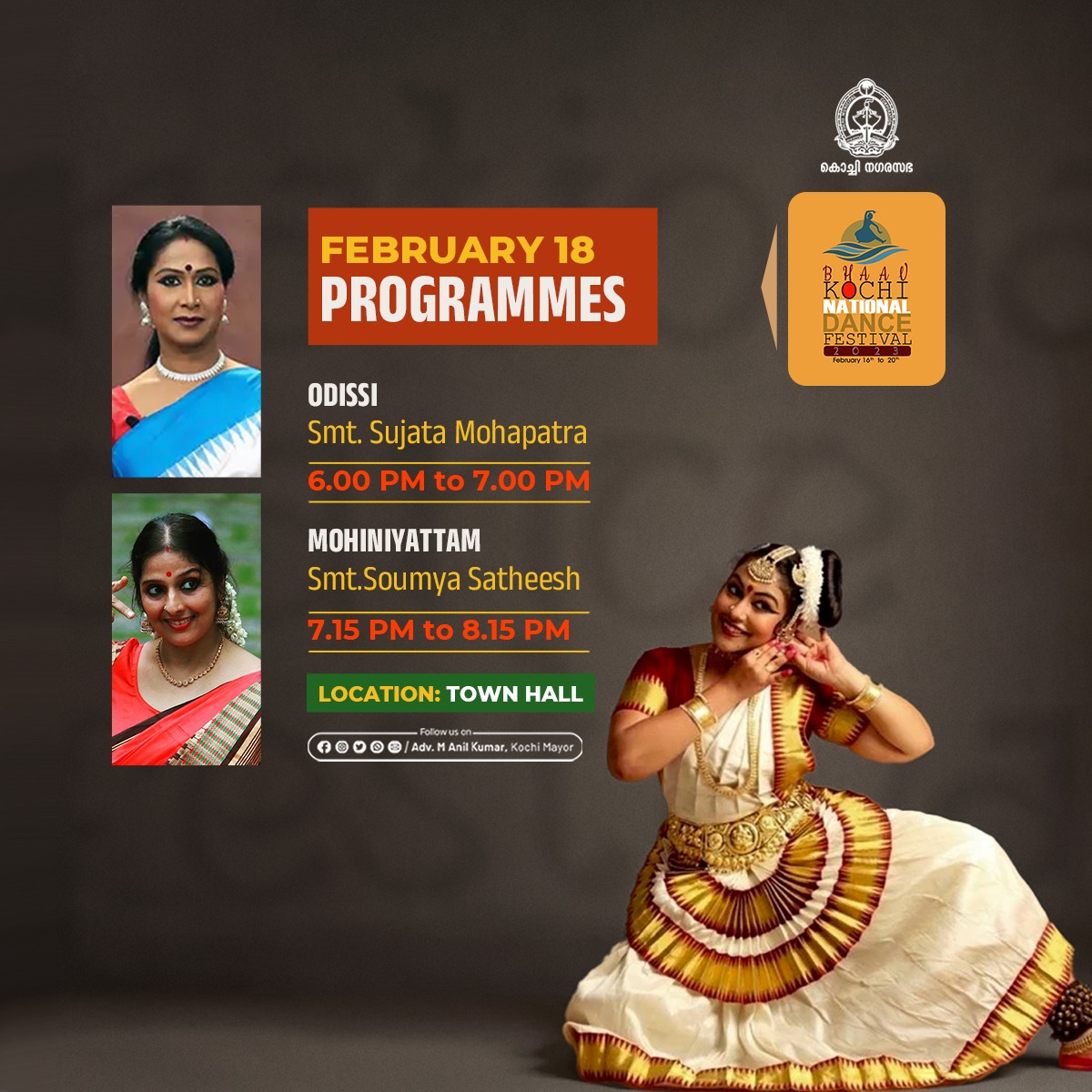 Kochi_Mayor's tweet photo. #Bhaav Kochi National Dance Festival 
Today's Program's 18/02/2023 https://t.co/jGnSihLKVp