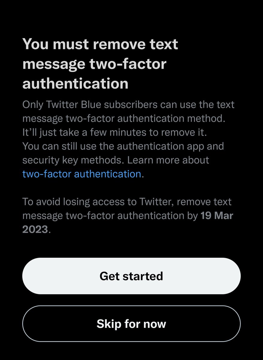 Whatleydude's tweet photo. Woke up to this notification.

Can you believe it? Saviour of the people El*n Musk actively removing 2FA account security for people that won't sign up to his gash subscription offering? 

What a prick. https://t.co/TILMOr79mS