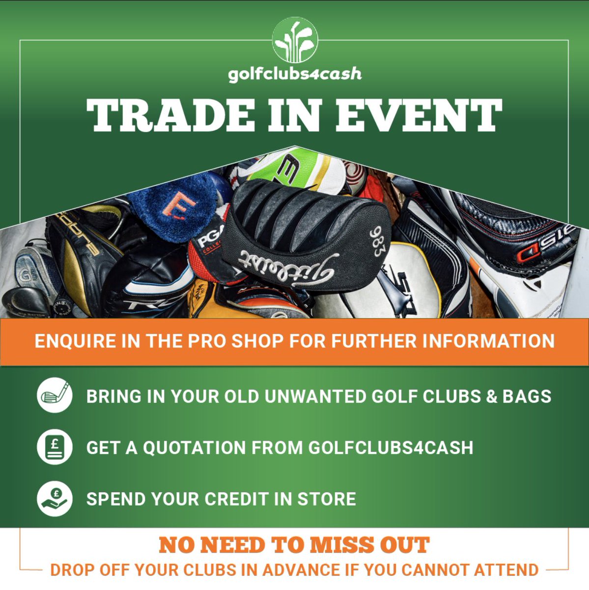 Bring your old clubs in this Wednesday and we will exchange them for credit in store - join us from 3pm until 6pm