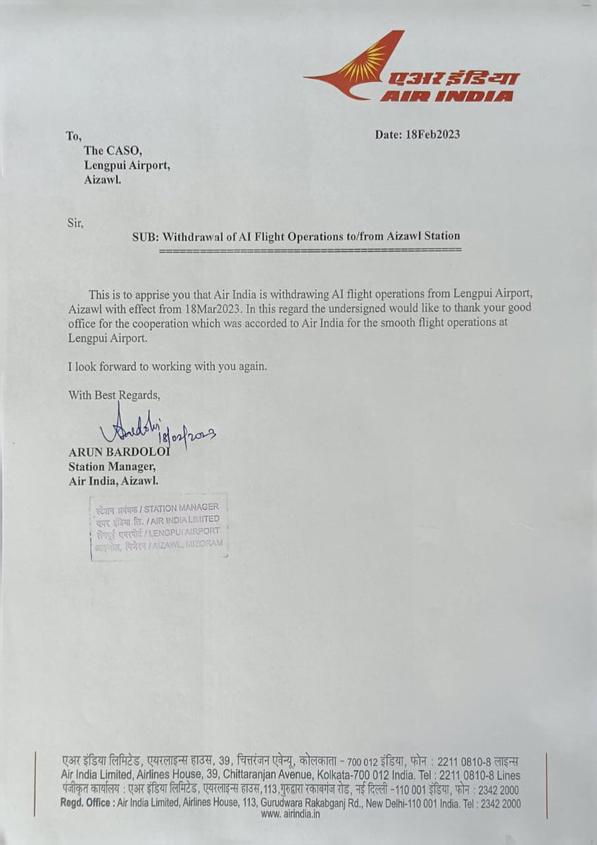 BeiRokhu's tweet photo. Bad news : Air India is withdrawing AI flight operations to &amp; from Lengpui Airport, Aizawl with effect from 18 March, 2023. (Source: whatsApp group post) https://t.co/Cudv2QC0Bz