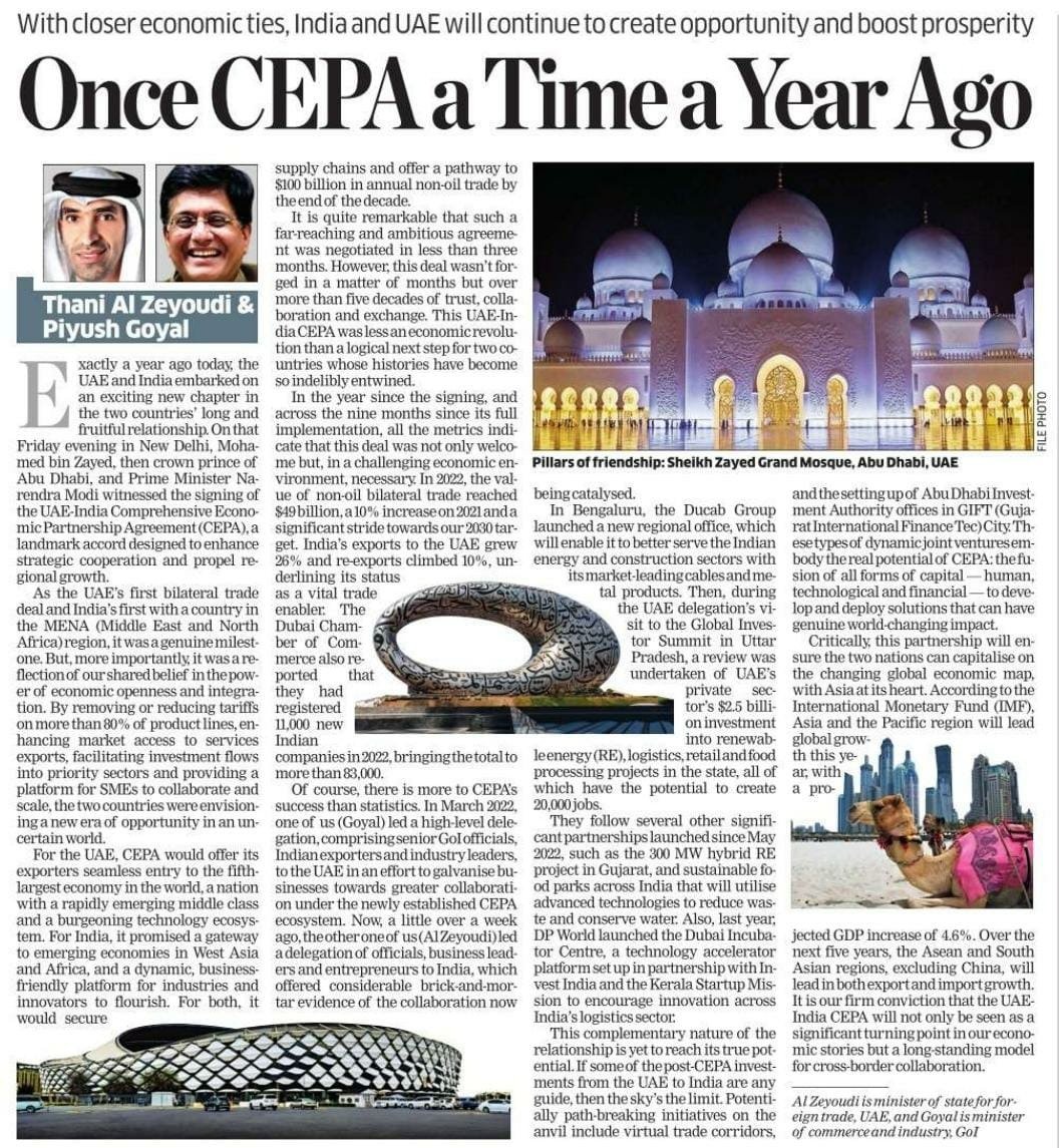 PiyushGoyal's tweet image. One year since we signed the #IndiaUAECEPA

In this article jointly written with UAE Minister of State for Foreign Trade @ThaniAlZeyoudi, we highlight how the deal is a turning point in our economic ties &amp;amp; a model for cross-border collaboration.

📖 economictimes.indiatimes.com/opinion/et-com…