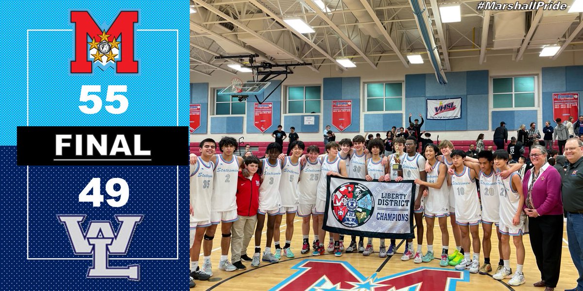 GCMBoysBball's tweet image. FINAL | GCM 5️⃣5️⃣, W&amp;amp;L 4️⃣9️⃣

🏀 @matthewlnert04- 15p &amp;amp; 8r
🏀 @jasonpennn - 12p &amp;amp; 4 dimes
🏀 @fudd_jose - 11p
🏀 @RPourshojae - 10p

Statesmen 21-3 (13-1) is your 2022-2023 Liberty District Tournament &amp;amp; Regular season Champions‼️

@GCMsports1 
@novahoopsCom 
#marshallpride