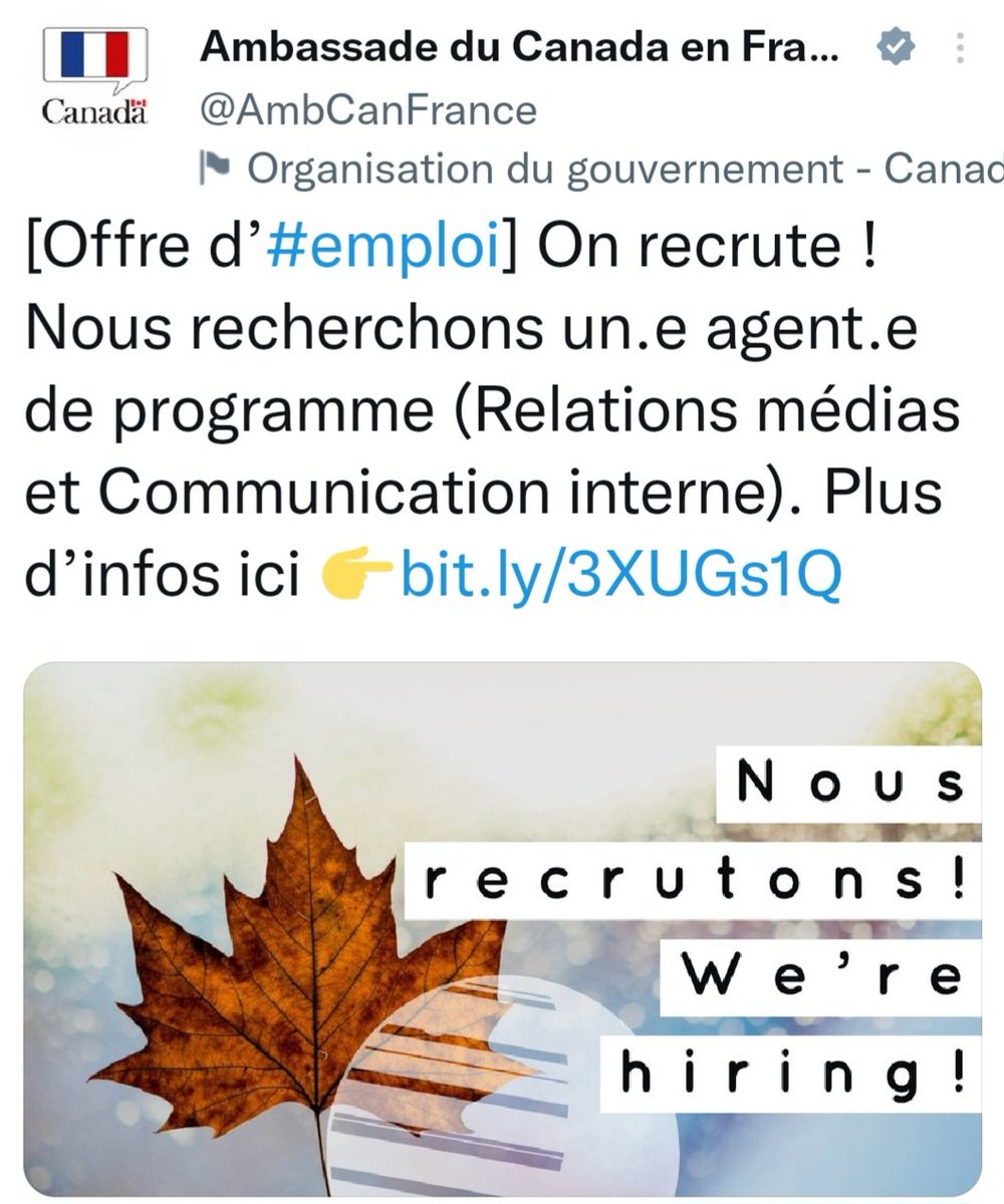 Envie de travailler pour le Canada en France ? Je suis à la recherche d'un.e attachée de presse ! Il vous reste encore quelques jours pour postuler. Infos 👉bit.ly/3XUGs1Q
