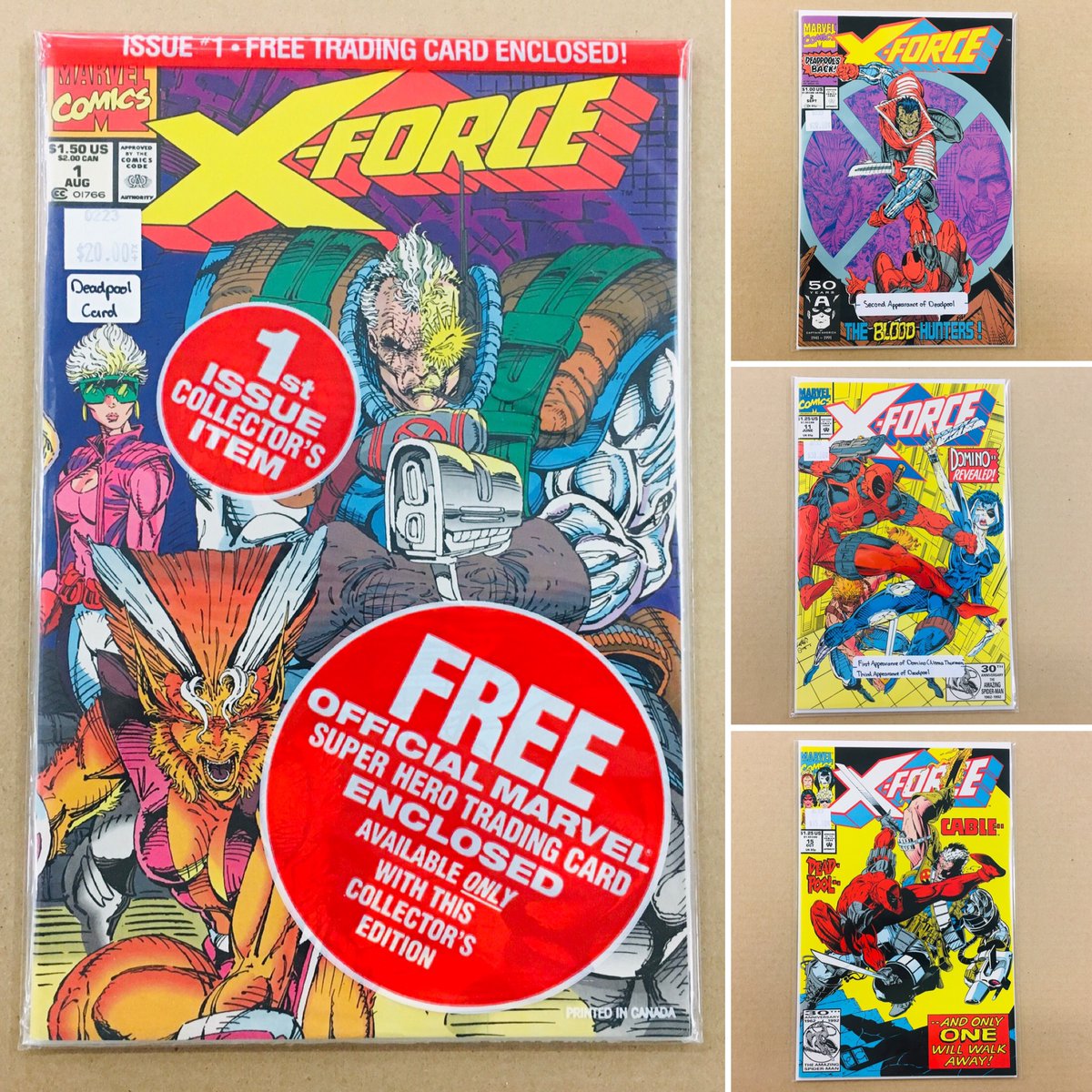 CosmicComicsLV's tweet image. #Restock of #XForce Vol 1 from 1991 plus Annuals.  Multiple copies of the #FirstIssue containing the #Deadpool card &amp;amp; #Cable card.