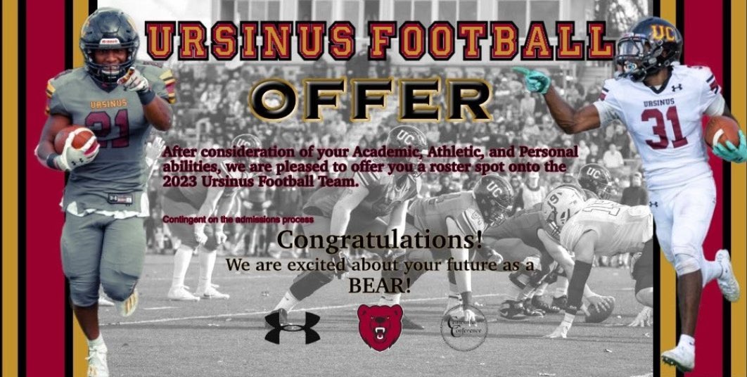 Extremely grateful to receive a roster spot offer from Ursinus College! Go Bears! @Coach_Menard55 @_bwright_ @Coach_Endy @touchdowndons @anthonyzehyoue