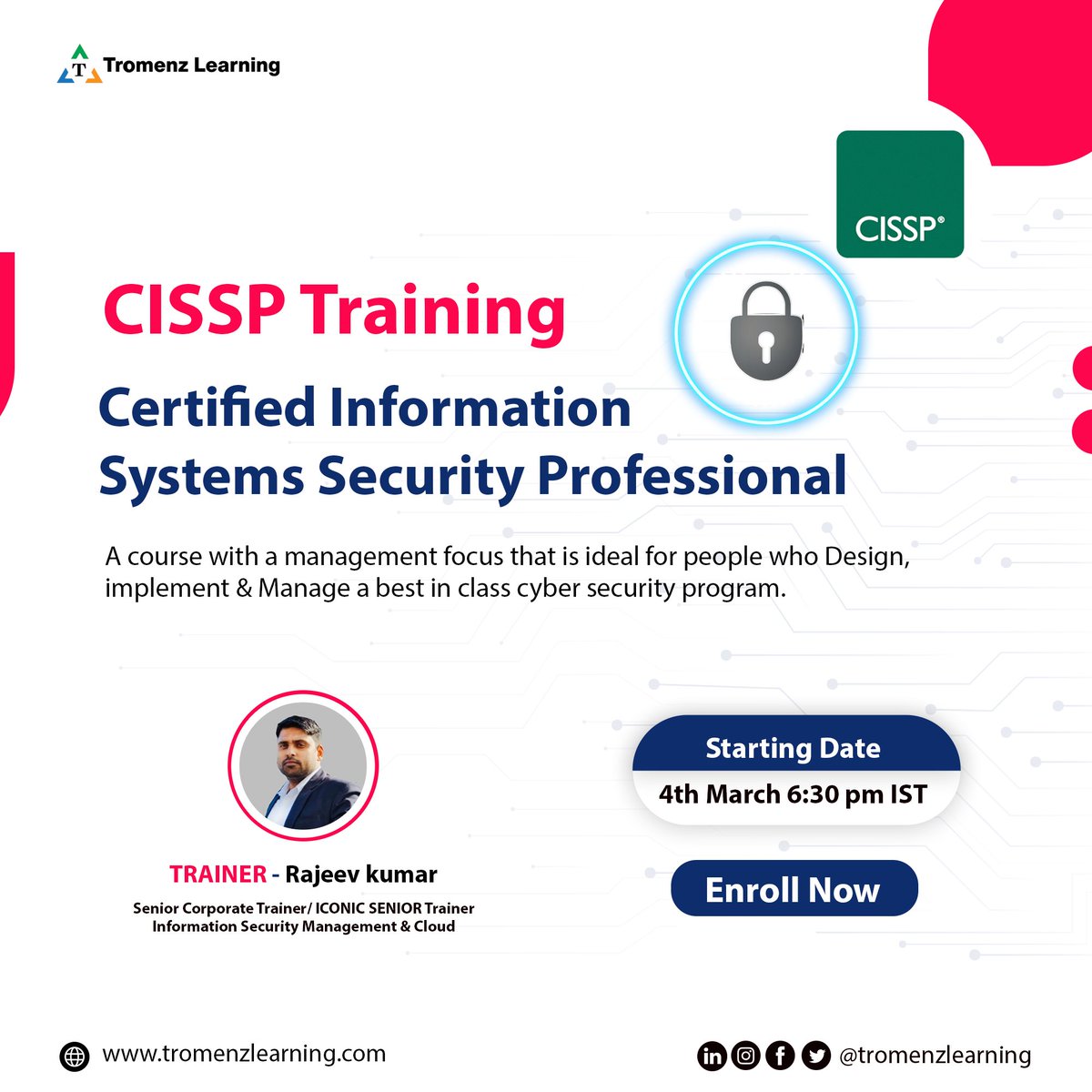 Are you ready to take your cybersecurity career to the next level? Look no further than our upcoming CISSP training batch, starting on March 4th at 6:30 IST.
#CISSP #cybersecuritytraining #infosec #securitycertification #cybertraining #tromenzlearning