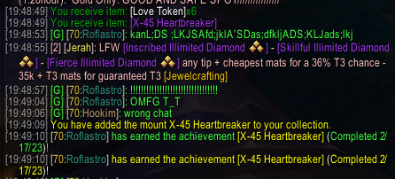 ChipWhitehouse's tweet photo. I AM FREAKING OUT RIGHT NOW!!! FINALLY got the Love Rocket mount! Was like THE TOP MOUNT I've wanted for over a decade now. Been running the dungeon on 14 different toons every day this year. FINALLY!!! 😭😭😭💖🍆🙌#LoveRocket #Warcraft #X45Heartbreaker #Wow https://t.co/rSZwea5f08