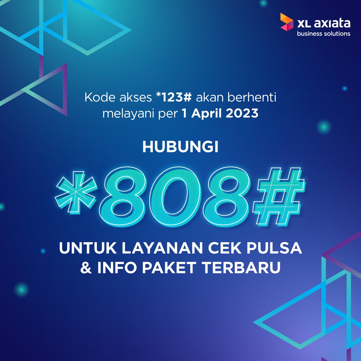 xlsmartbusiness's tweet photo. Pelanggan yang terhormat, kembali kami informasikan bahwa layanan *123# akan berhenti beroperasi. Untuk cek pulsa dan informasi paket, hubungi *808#.
#XLAxiataBusinessSolutions #TransformtoPerform #WeHelpYouGrow https://t.co/jrrQmYFspR