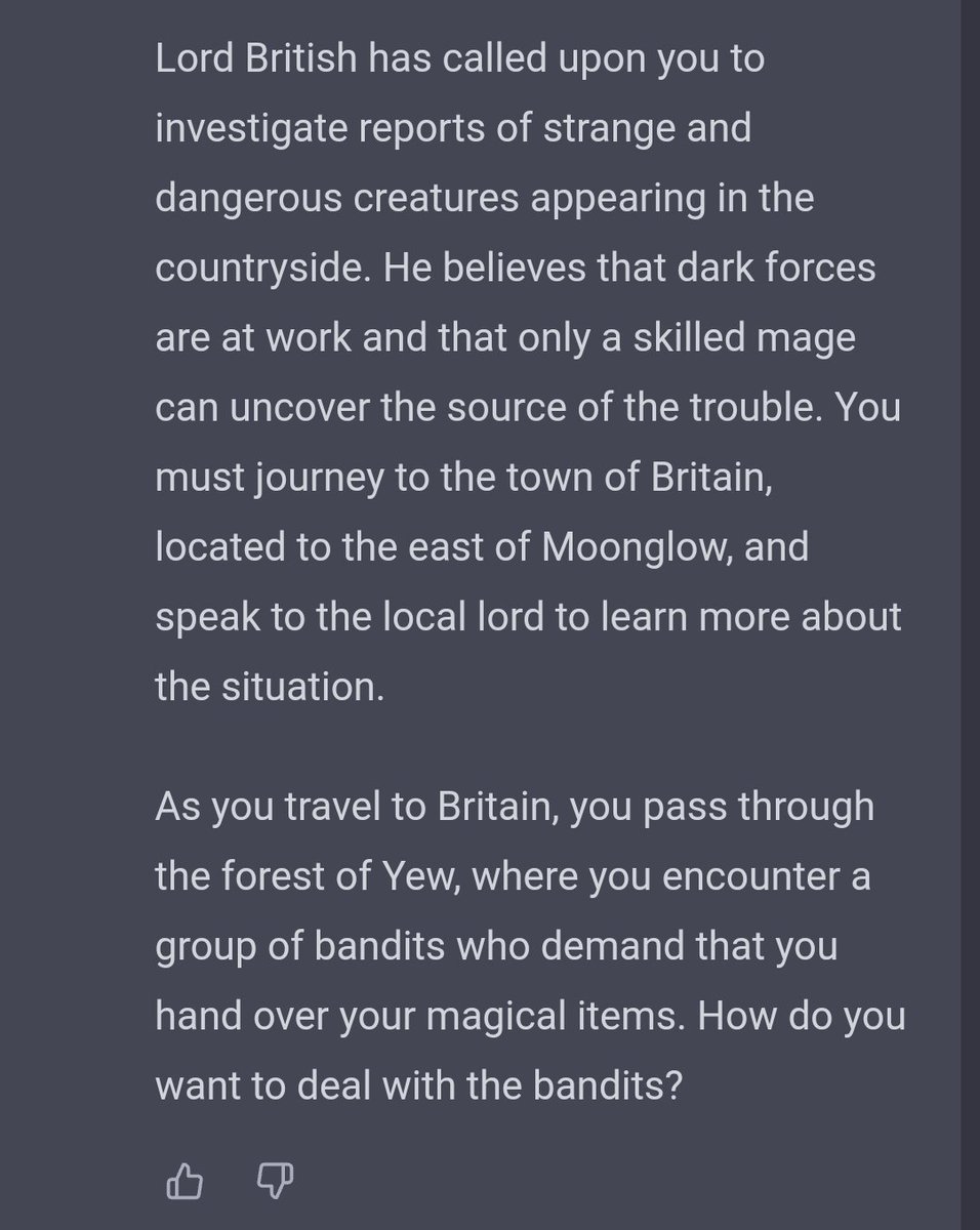 adriantai's tweet photo. oh.. Lord British just assigned me a quest.. @RichardGarriott @ultimadragons #ChatGPT #RPG #Ultima4 https://t.co/mu9hYlmwTo