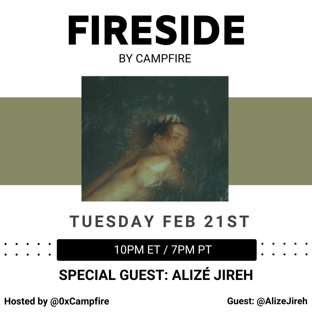 Next Week on Fireside: 🔥 

We're talking Adventures + Art with Visual Storyteller <a href="/AlizeJireh/">Alizé Jireh</a>! Join us on Tuesday February 21st at 10PM ET / 7PM PT! 

RSVP Here:
x.com/i/spaces/1Mnxn…

#0xcampfire