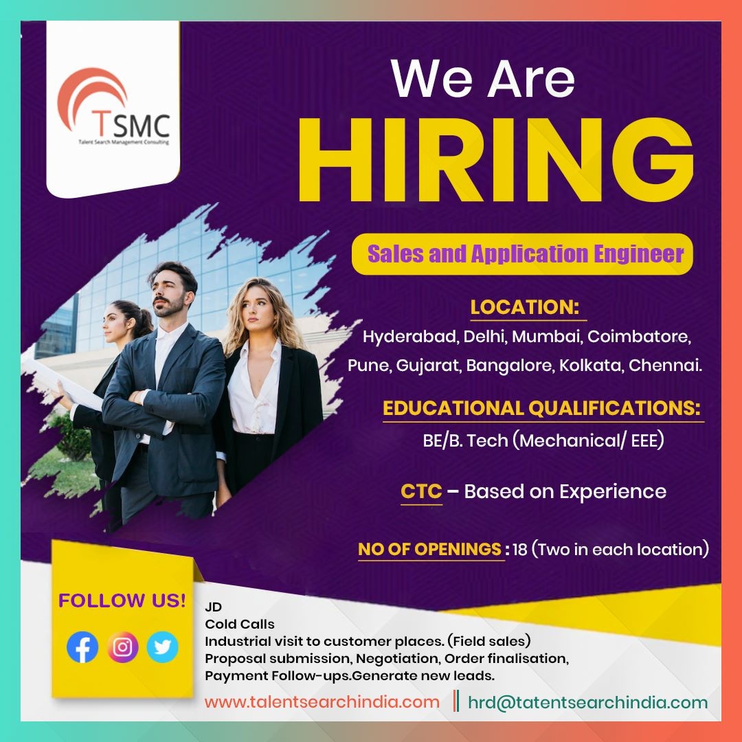 TSMC91023125's tweet photo. Hiring Sales Engineers for multiple locations from industrial equipment/engineering/automotive industry.

Candidates with relevant experience can share profiles at hrd@talentsearchindia.com

 #hiring #sales #engineers https://t.co/678ZyU2Ena