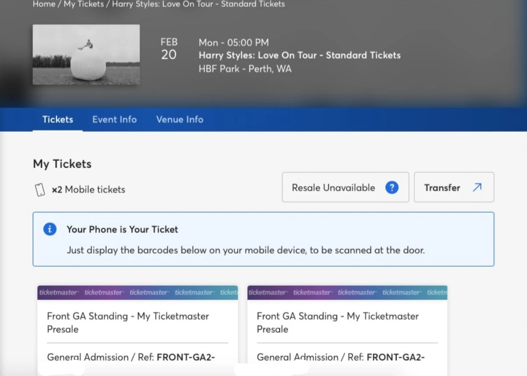 Hi I'm selling my 2 FRONT GA STANDING #LoveOnTourPerth standard tickets

Feb 20 2023
@ HBF Park
AUD$207.38 each

if you're interested, dm me here or on insta @.aureliagrcia xx #LoveOnTourAustralia #HSLOT #HSLOTPERTH #HarryStylesLoveOnTour2023 #LoveOnTour