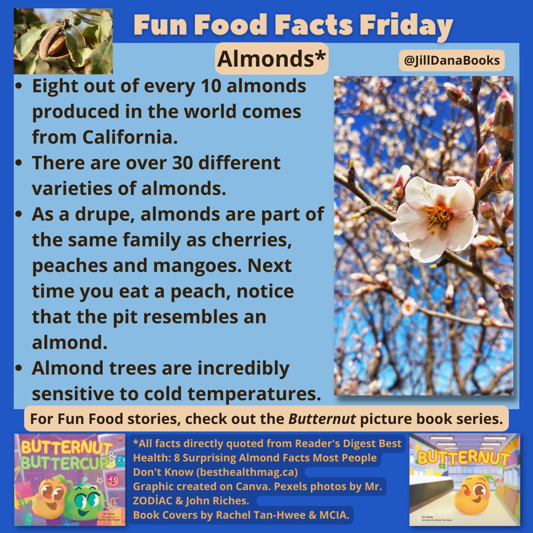 JillDanaBooks's tweet photo. In honor of National Almond Day (yesterday), the #FunFoods this week are:

ALMONDS*

#FunFoodFactsFriday - #FoodFacts #forKids

For more #Food #Facts, visit @JillDanaBooks on IG.

For Fun Food stories, check out the Butternut #picturebook series.

#NationalAlmondDay #almonds https://t.co/PVeVrgYTOA