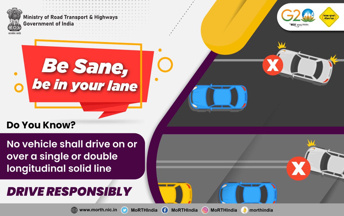 MORTHIndia's tweet photo. Become a responsible driver and don’t drive over longitudinal solid lines. #BeSaneDriveInALane #SadakSurakshaJeevanRaksha https://t.co/6ebnEMbsn5