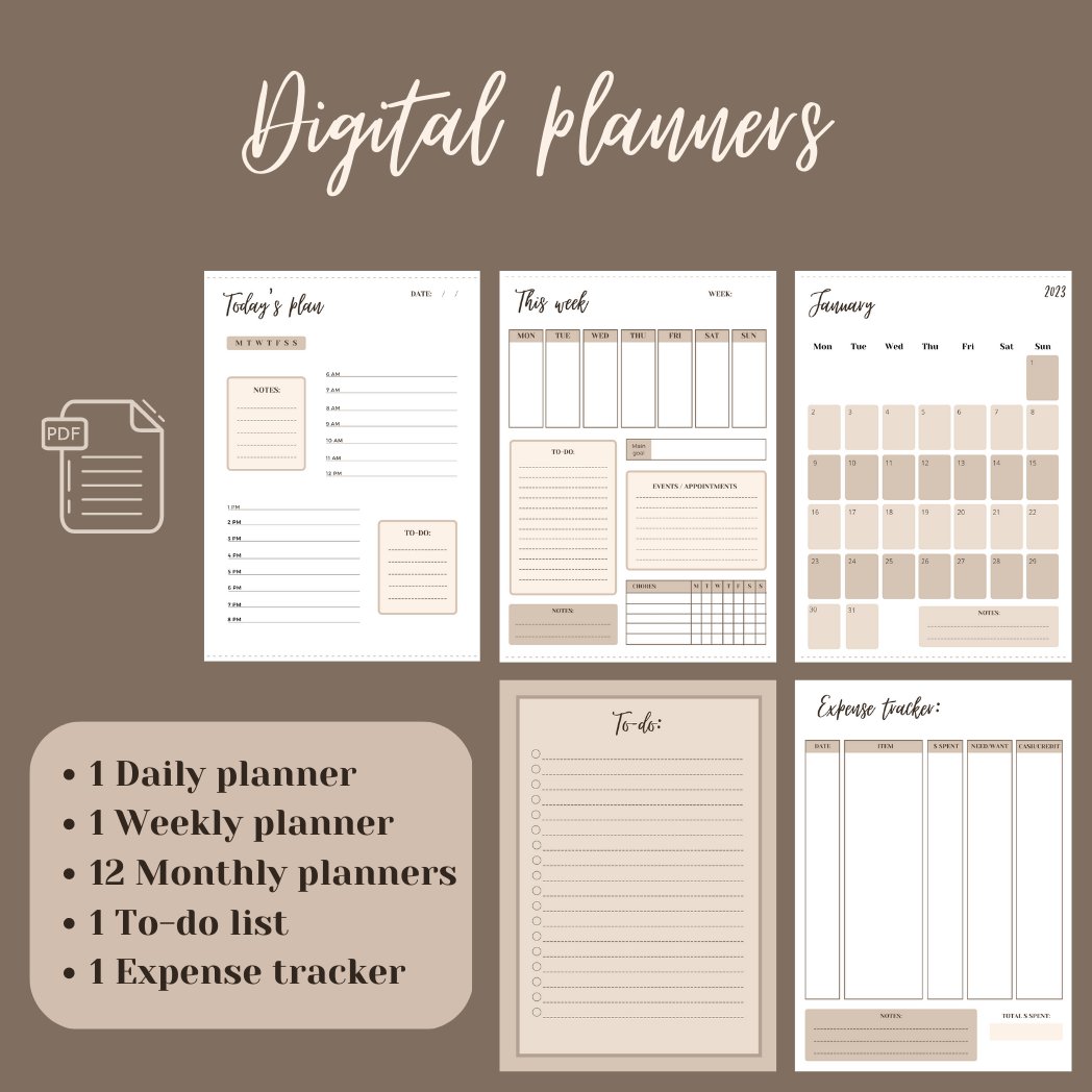 Brown minimal printable planner pages available on Gumroad! 

Includes: daily, weekly & monthly planner, expense tracker & to-do list
innovativadesigns.gumroad.com/l/abxryh

#printables #printableplanner #planner #planner2023 #pdf #plannerpages #minimaldesign #gumroad