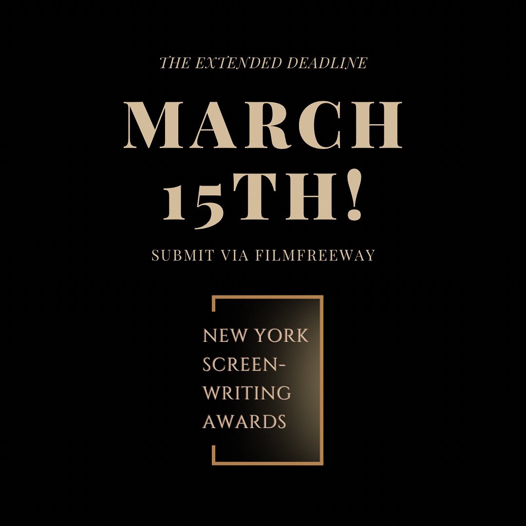 Extended Deadline: March 15th! - Notification Date is March 20! 
Submit via 
Filmfreeway.com/ny-sa

#writingcommunity #writerscommunity #prewga #wga #5amwritersclub #screenwriting #screenwriter #ScreenwriterTwitter #screenwriterslife