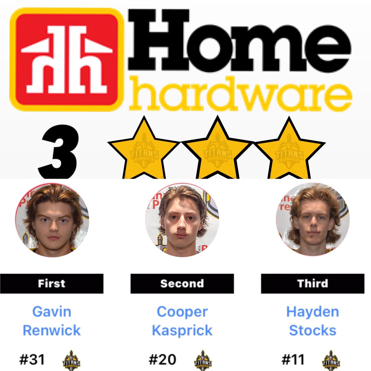 MJHLTitans's tweet photo. Here are your NEEPAWA @home_hardware 3 STARS from tonight’s contest. 

#LetGoTitans🛡️🗡️ https://t.co/LOvxWjKO6j