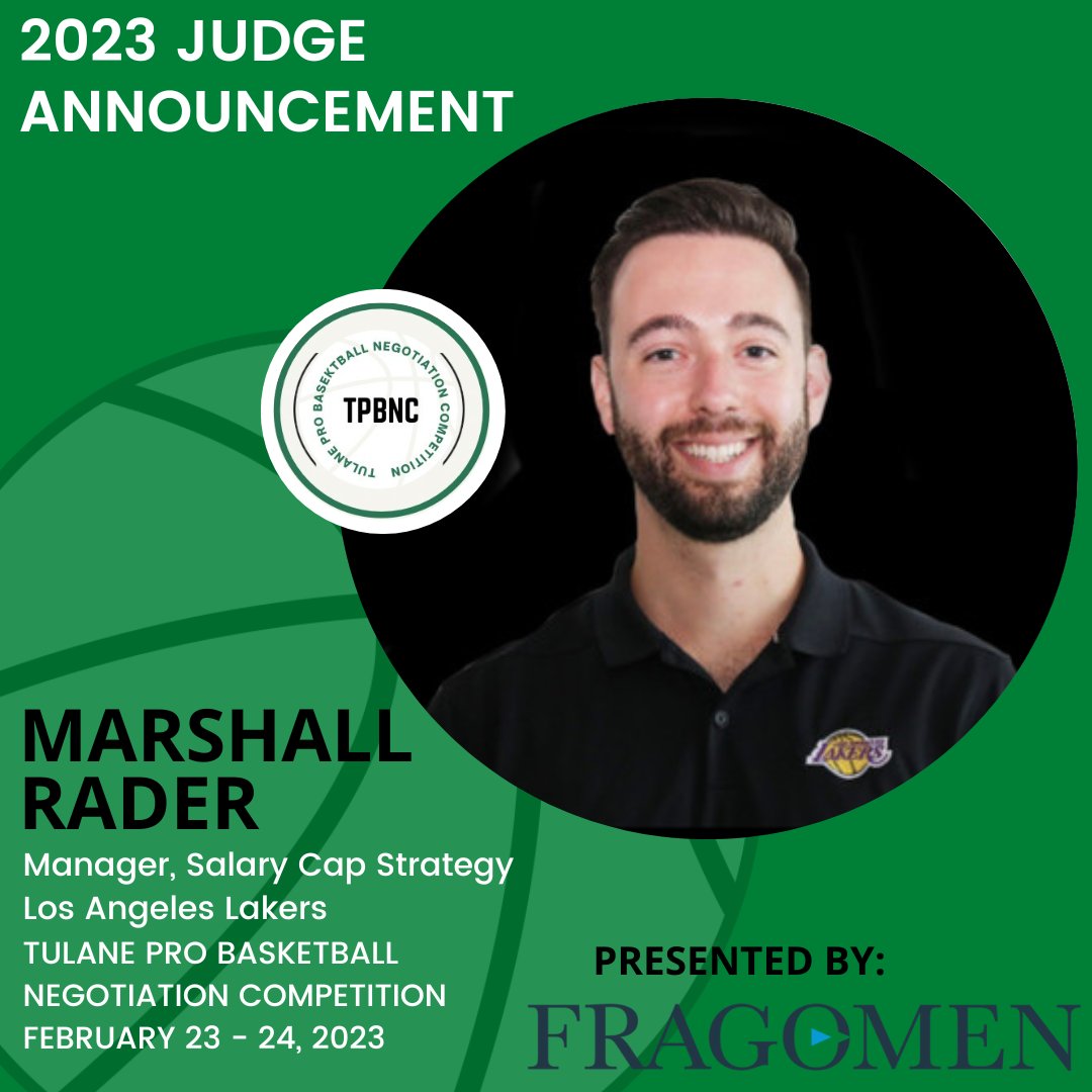TulanePBNC's tweet photo. 4 days until TPBNC! First up for today, we have @MC_Rader of the @Lakers. Marshall is a @TulaneLaw alum and we are grateful to have him back as a judge this year! #tpbnc @fragomen https://t.co/uLPbT4oyYS