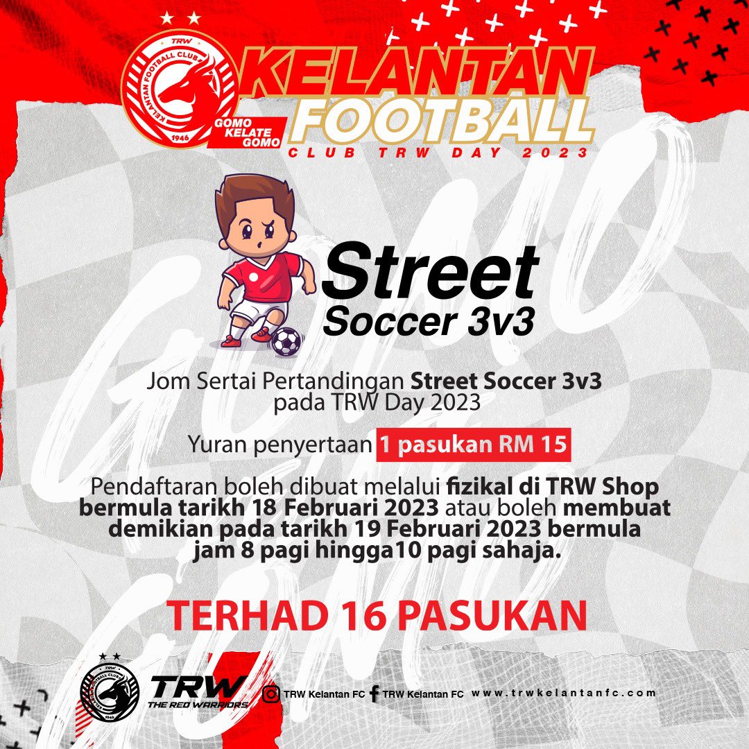 TRW DAY 2023 | STREET SOCCER 3v3 🔥

Jom sertai kami bagi memeriahkan suasana karnival dengan acara dipertandingkan “Street Soccer 3v3” 

Borang pendaftaran boleh dapatkan di TRW Shop pada hari ini atau boleh hubungi/whatsaap ke talian 013-3426793 untuk sebarang pertanyaan lanjut