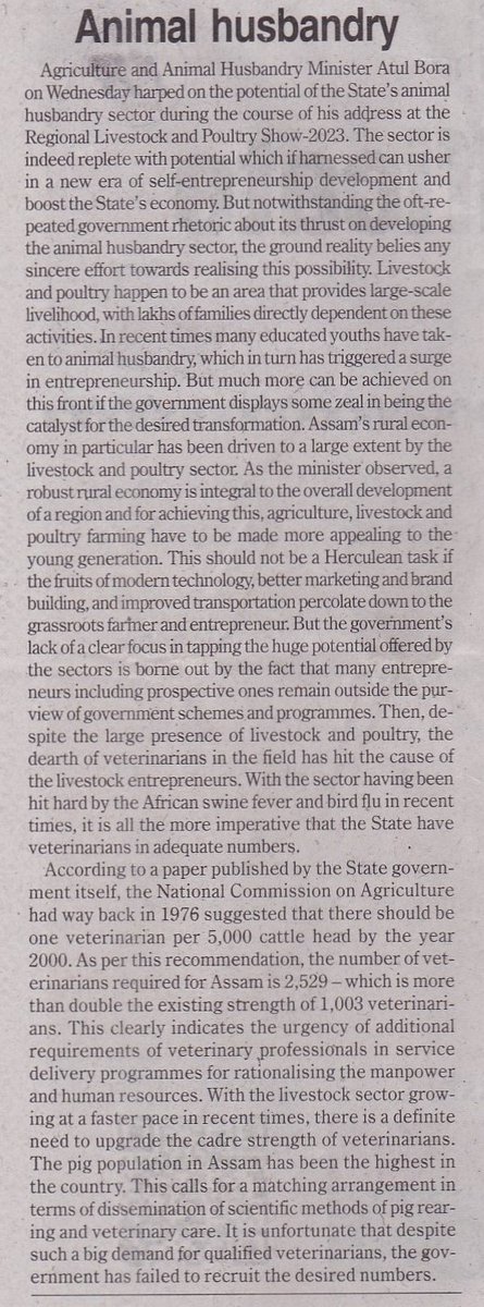 VetHelpline's tweet photo. Today’s @assamtribuneoff published an editorial on the importance of #AnimalHusbandry, quoting the speech of @AtulBora2. we believe there is political will. We only need more trained officials, and #dothingsdifferently see our input https://t.co/b1Lhz7zOIl https://t.co/IyFv6U88LS