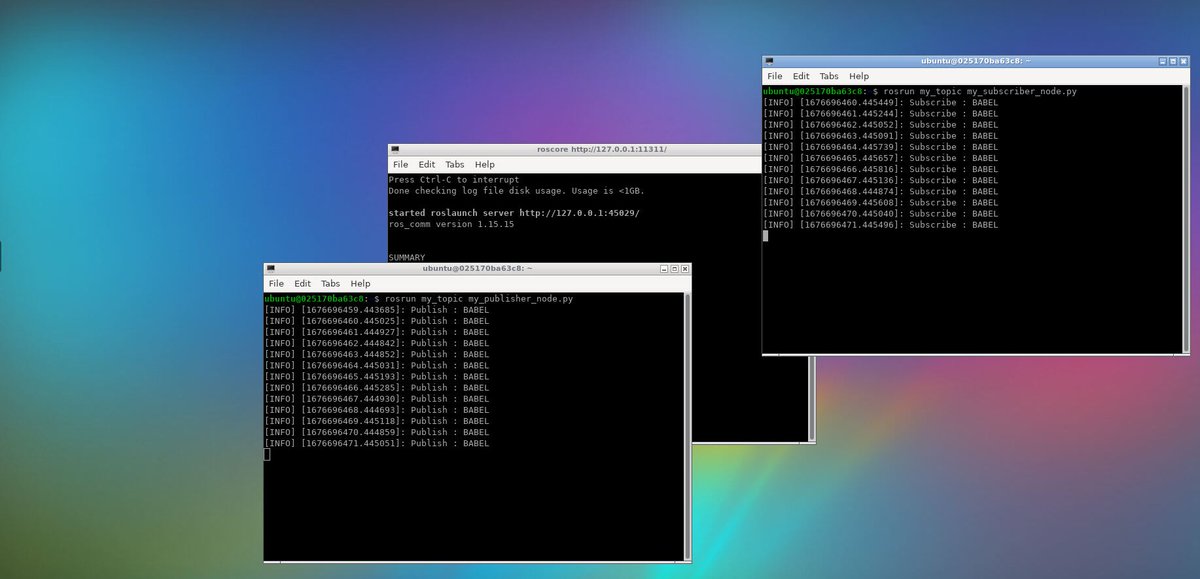junbonzo1's tweet image. ROS学習PublisherとSubscriber間の通信のやり取りのところまで進みました。本ではpublisher_nodeを起動してからsubscriber_nodeを起動して通信を行っていました。そこで、起動の順番は逆でも正常に動作するのか気になったのでやってみました。できました。
#pythonprograming #ros #docekr #noVNC