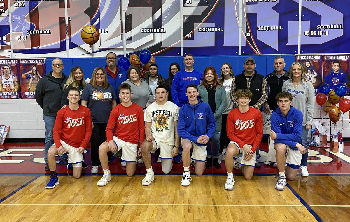 WestNobleAD's tweet photo. Great job tonight Chargers with a 50-47 win over Adams Central. The JV was also victorious as well. We also enjoyed celebrating our 6 senior boys BB players and 6 senior cheerleaders. Way to go Chargers! 18-2 on the season🏀 https://t.co/zgjUnGi2tp