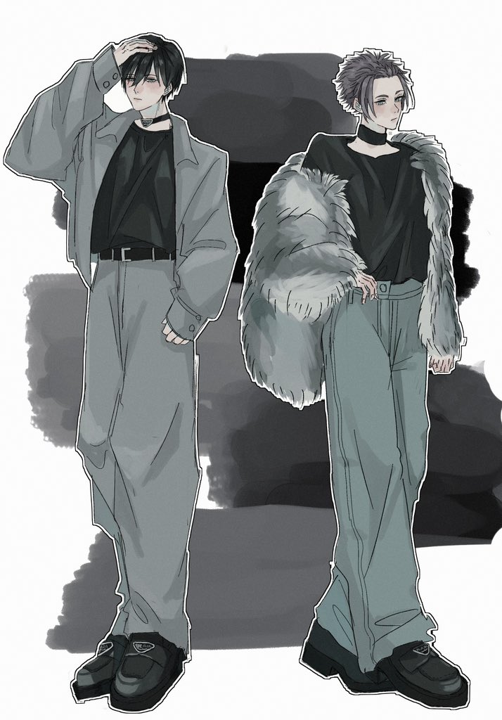 multiple boys black footwear 2boys pants black hair grey jacket jacket  illustration images