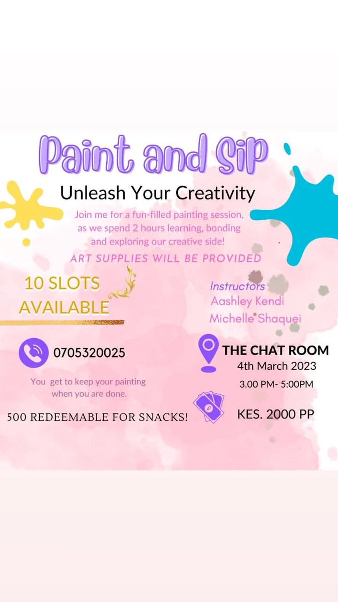 shaquei_art's tweet photo. Karibuni for the second edition of Paint and Sip with Aashley Kendi. Come and Unleash your creativity with us.
Book your slot now. https://t.co/ng3wwvRHTn