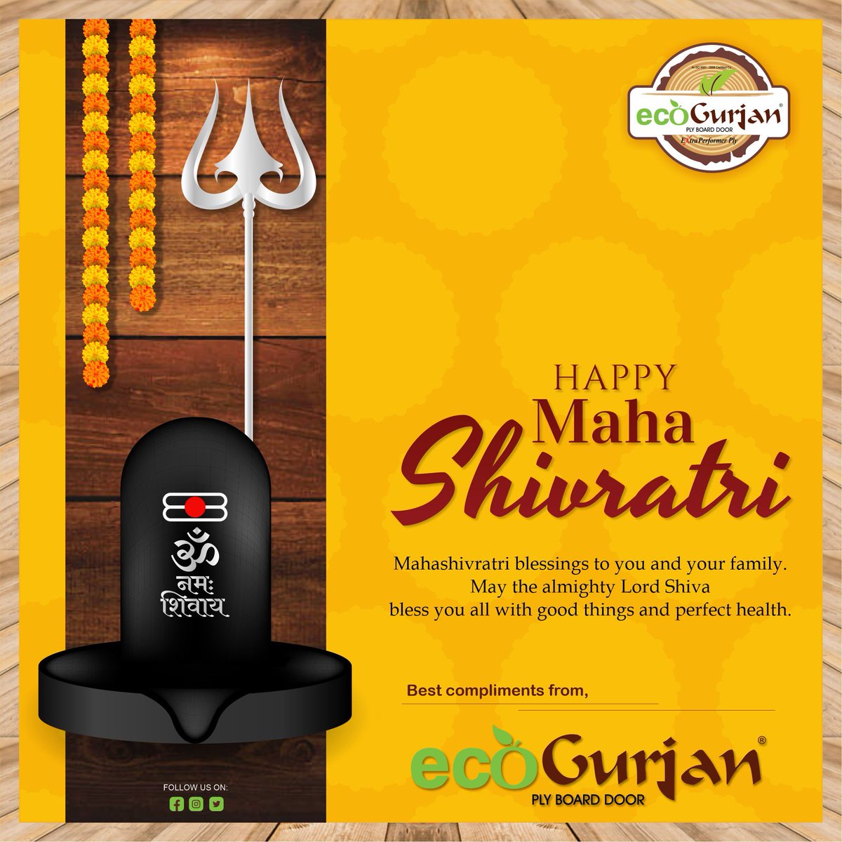 EGurjan's tweet photo. Mahashivratri blessings to you and your family. 
May the almighty Lord Shiva bless you all with good things and perfect health.
.
Best compliments from the team, Eco-Gurjan
#महाशिवरात्रि #MahaShivratri_Special #MahaShivRatri2023 #Shivratri #Shiva #plywood #ecogurjan https://t.co/tFd821KOUB