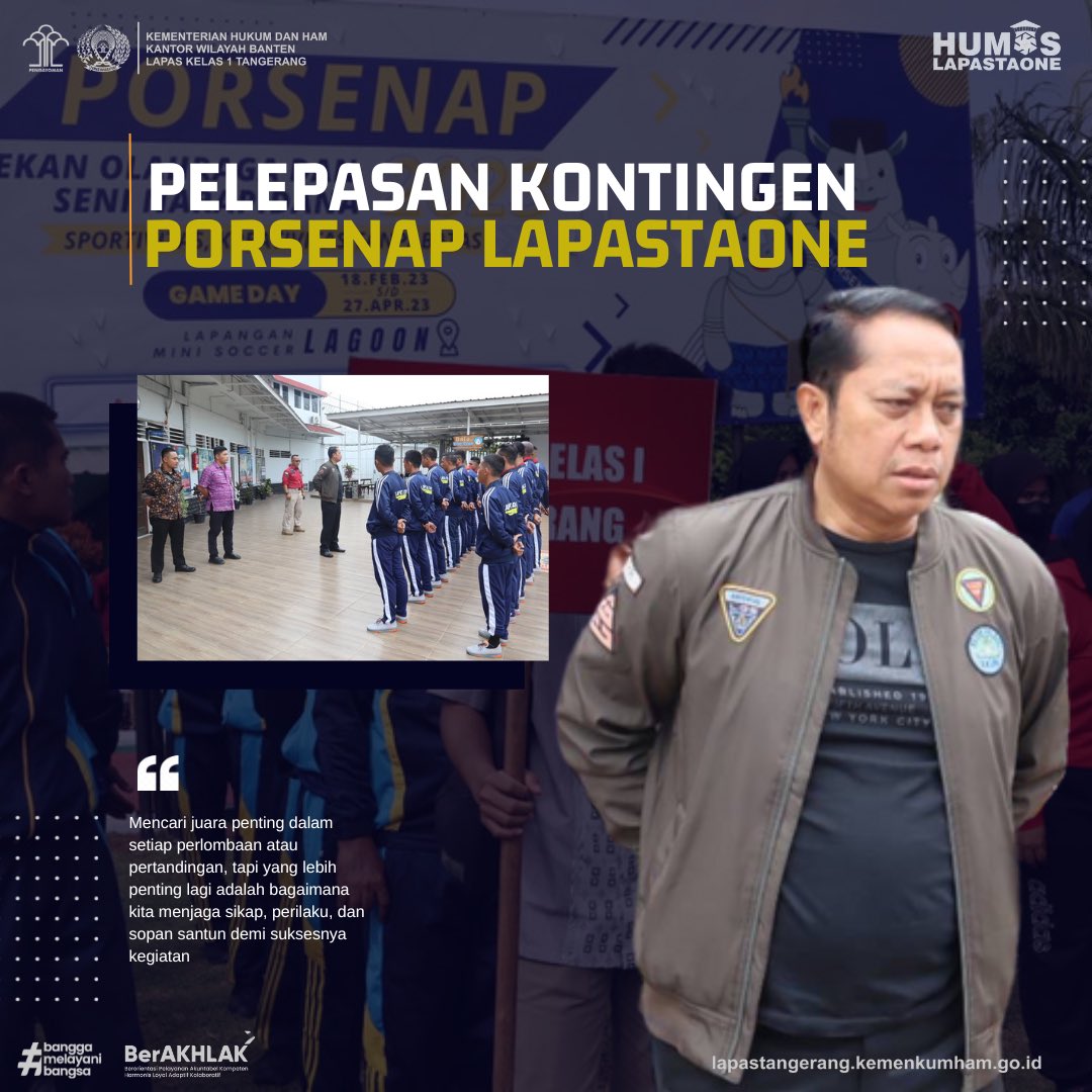 Lapastaone01's tweet photo. TANGERANG, INFO_PAS 
Kontingen Lembaga Pemasyarakatan (Lapas) Kelas I Tangerang resmi dilepas untuk mengikuti Pekan Olahraga dan Seni Narapidana (PORSENAP). Pelepasan tersebut dirangkaikan dengan pengarahan, Jumat (17/02) pagi. https://t.co/EUN2PPOuAZ