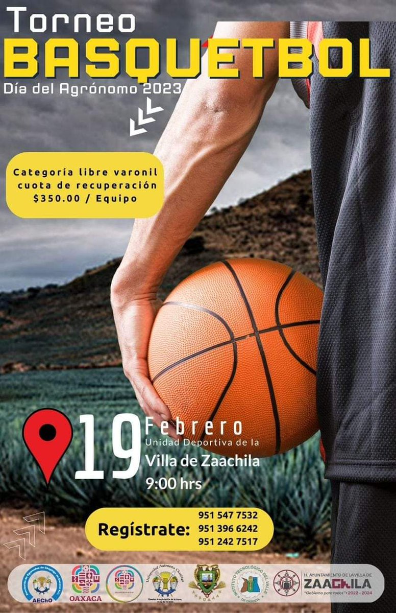 calderonp_g's tweet photo. #DiaDelAgronomo
Las Asociaciones de Egresados de la UACh (Chapingo), UAAAN (Narro) e ITVO, invitan a los eventos deportivos, Unidad Deportiva, Villa de Zaachila, Oax., domingo 19 de febrero, 07:30 horas.
¡Asiste en familia!
#agronomos #Chapingo #UAAAN #ITVO https://t.co/6MXX5TblQL