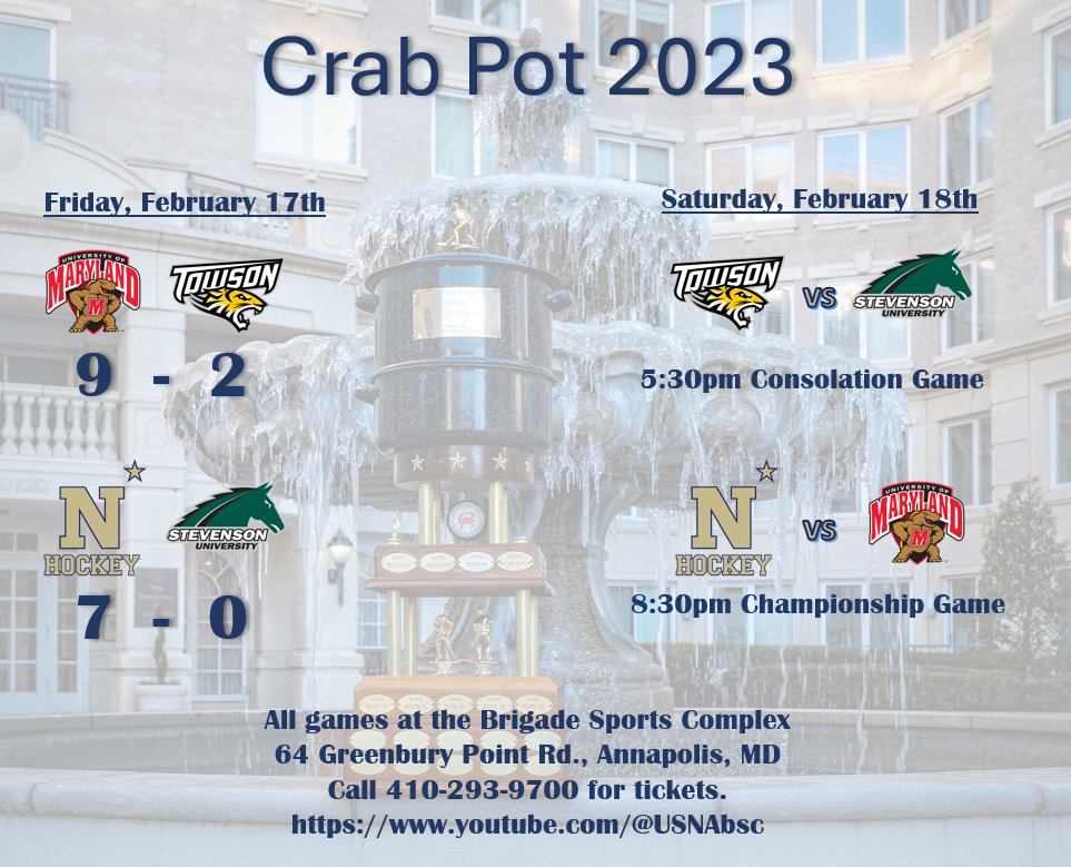 Big day tomorrow at #CrabPot2023. Join us for some #cawlidgehawkey action with your favorite local teams. NAVY, <a href="/TerpsHockey/">Maryland Hockey</a>, <a href="/TowsonHockey/">TU Ice Hockey</a>, and <a href="/SUACHAHockey/">Stevenson University ACHA Hockey</a> will be back at it right across the river from the <a href="/NavalAcademy/">U.S. Naval Academy</a>. #GoNavy #WinEveryBattle