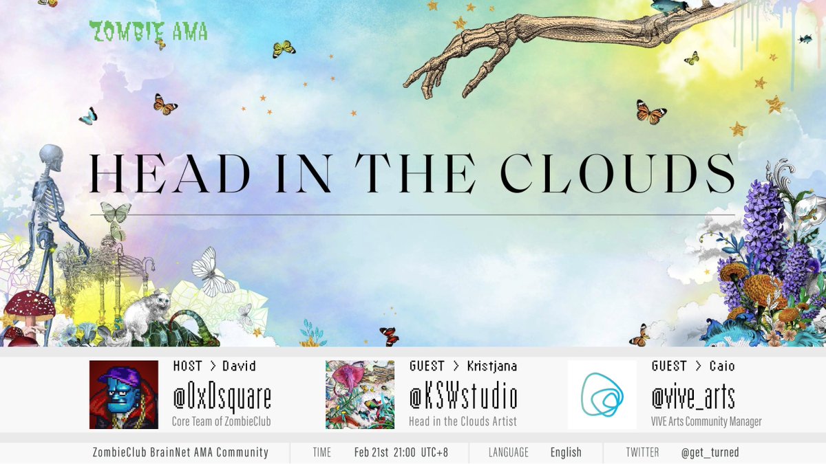 Follow <a href="/vive_arts/">VIVE Arts</a> &amp; <a href="/get_turned/">ZombieClub</a>, like, retweet, and tag a friend in this post, and provide proof of attendance to our upcoming AMA event. One lucky winner will receive a free Head In The Clouds NFT (0.12E) from <a href="/KSWstudio/">Kristjana S Williams</a>!

#digitalart #NFT #Web3 #Giveaway