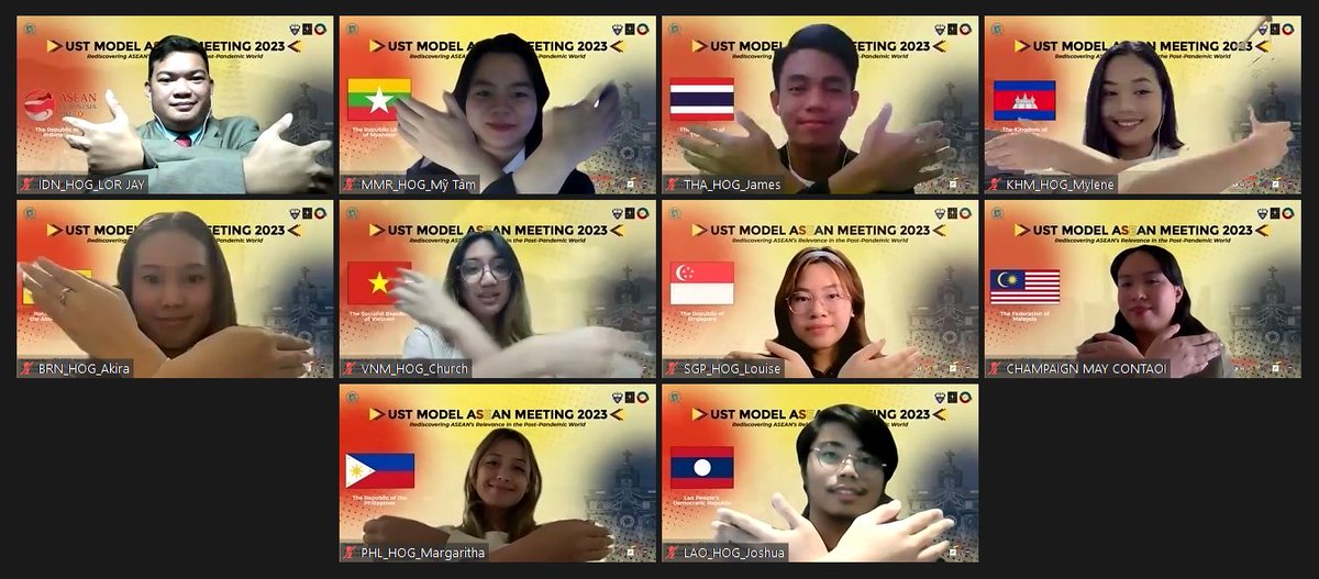 USTModelASEAN's tweet photo. The ASEAN Handshake is happening now!
Observe the heads of state of the various nations exchanging a symbolic handshake in the ASEAN manner. To be followed by the ASEAN Anthem.
#USTMAM2023
#USTMAMnifyingAt9
#SiyamWithUSTMAM https://t.co/j5e9Lvty4L