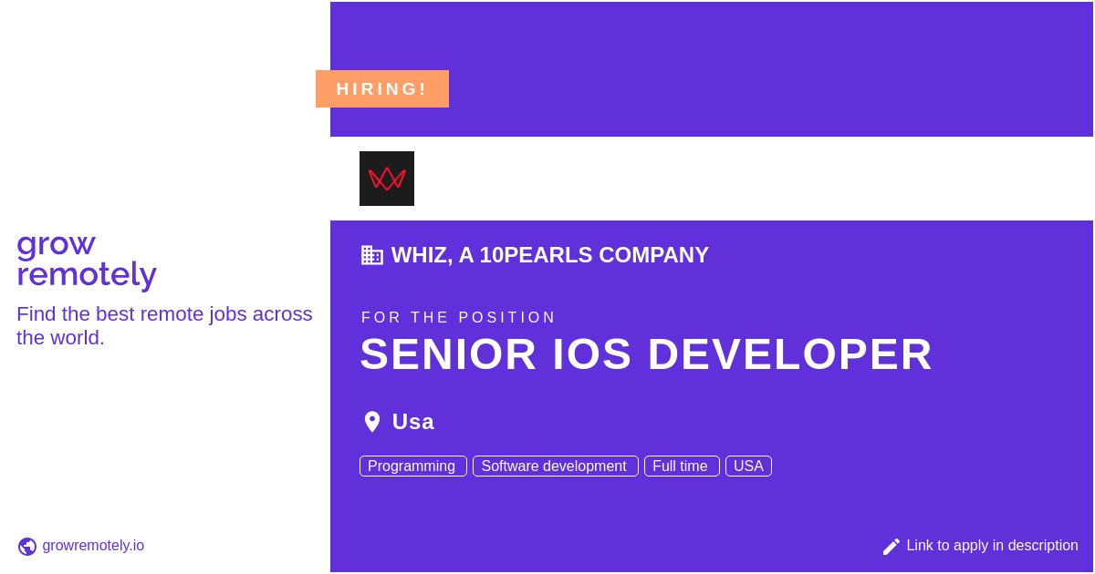 Check out this job at Whiz, a 10Pearls Company for the position Senior IOS Developer.

 Apply link: growremotely.io/?id=63f019d534…

#hiring #remotejobs #Whiz,a10PearlsCompany #Programming