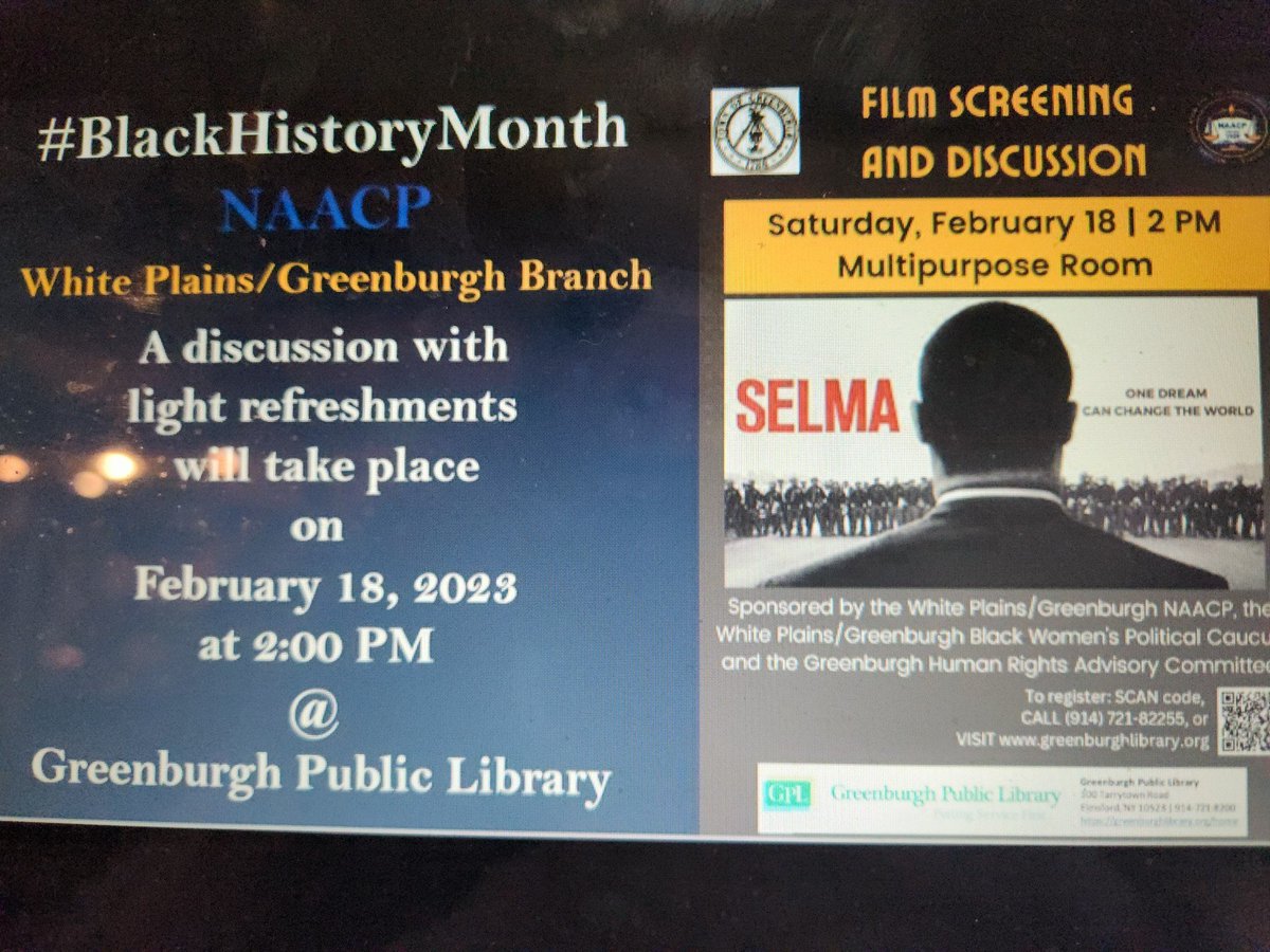 TODAY Saturday Feb. 18  2pm at #Greenburgh Public Library: a showing of the powerful award-winning #film #SELMA, followed by discussion. Light refreshments will be served. 
FREE Registration to attend required: greenburghlibrary.libcal.com/event/10215400 An important film. #BlackHistoryMonth #NY
