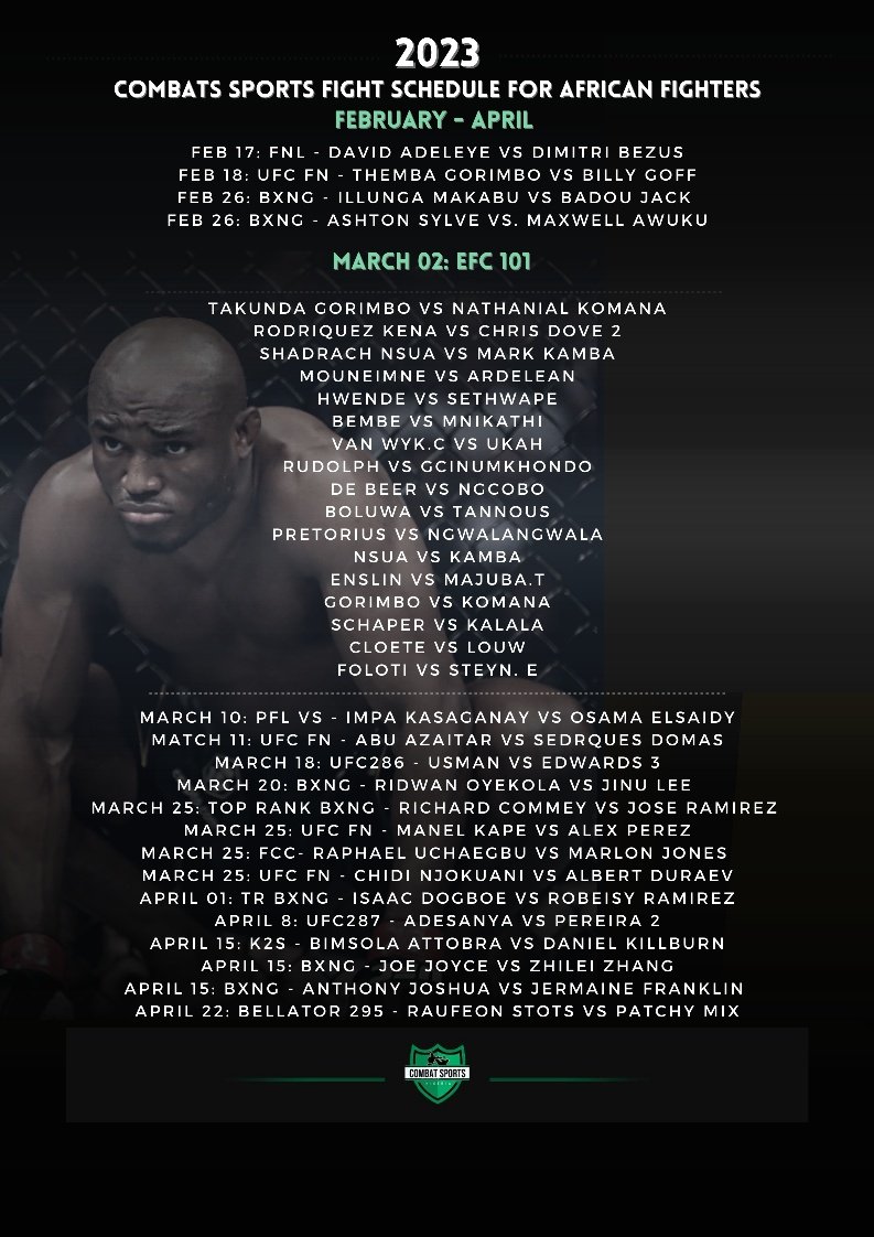 Updated Fight Schedule for African Fighters, Feb - April. 
Stay tuned for Updates 👊🏽
#ufc286 #ufc287 #Bellator295  #israelAdesanya #KamaruUsman