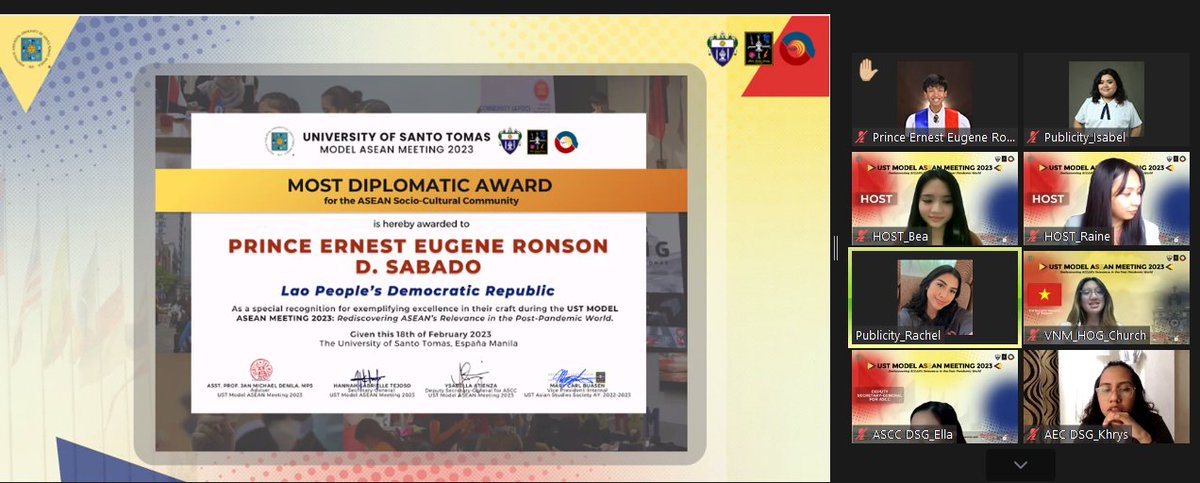 USTModelASEAN's tweet photo. Congratulations to the following winners of the MOST DIPLOMATIC AWARD!
AEC: Johannes Adrian D. De Guia, VNM
APSC: Brin Raizulli R. Isaac, MYS
ASCC: Prince Ernest Eugene Ronson D. Sabado, LAO
#USTMAM2023
#USTMAMnifyingAt9
#SiyamWithUSTMAM https://t.co/dOJrhynVCw